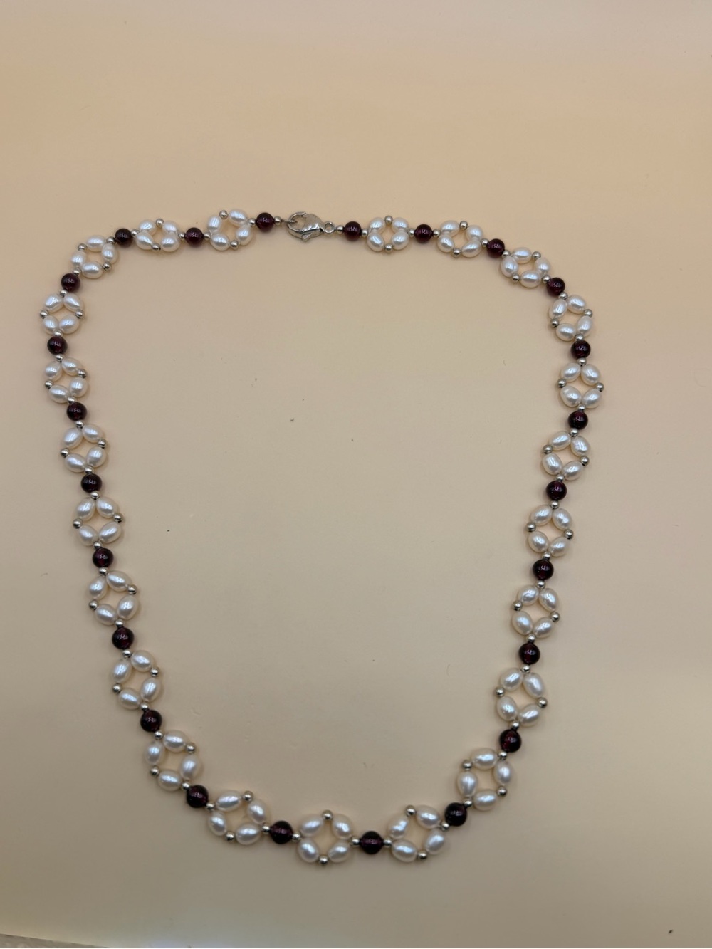 925 Sterling Silver Garnet & Freshwater Pearl Necklace 18”